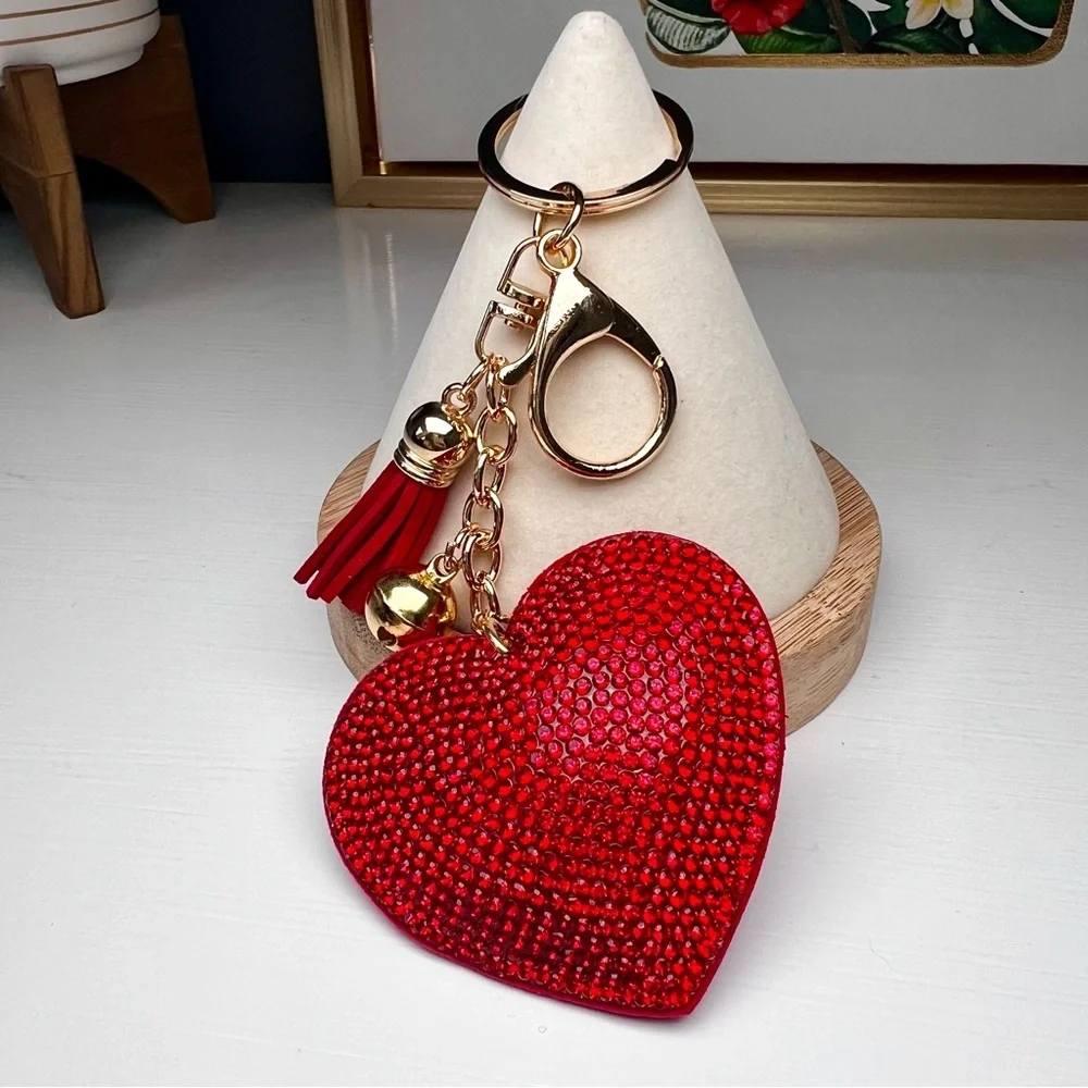 Red Heart Keychain with Gold Accents Tassel Bell Whimsical Glam Romantic - Picture 4 of 4